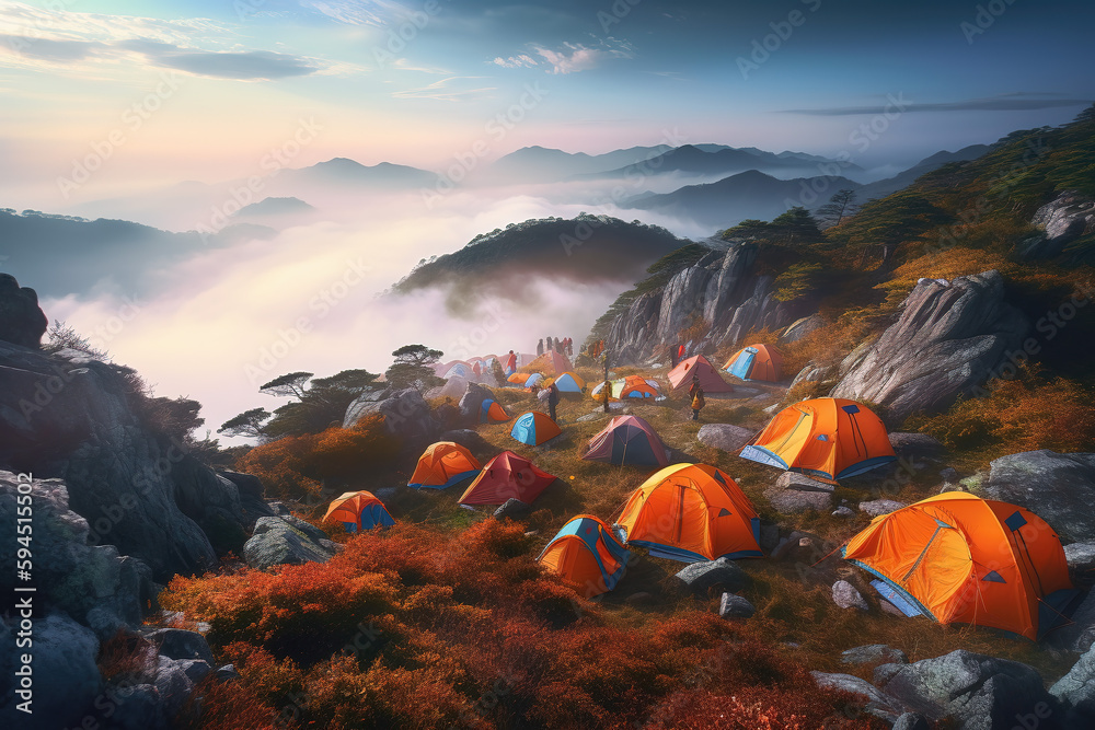 Travelers look beautiful when they are camping on sunset and mountain camping, adventure travel life