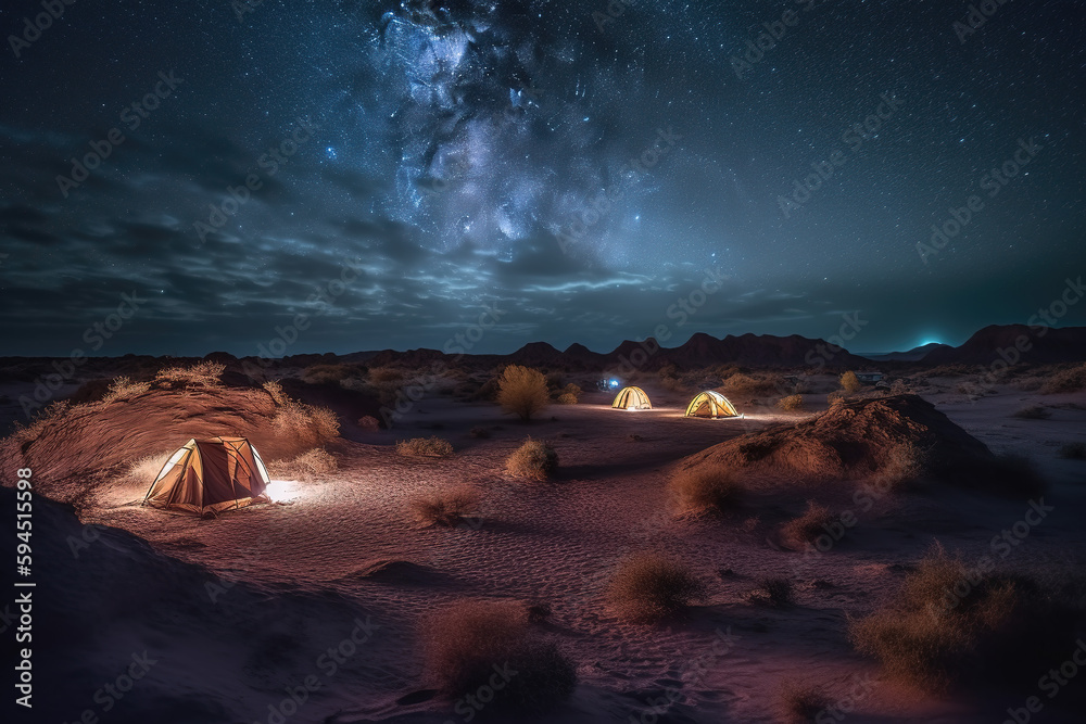  Camping tent under the desert under the starry sky