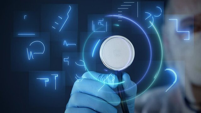 Medical technology hologram background. Doctor in clinic use futuristic data information screen. 