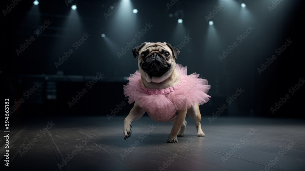 Pug dog like ballet dancer. Illustration AI Generative.