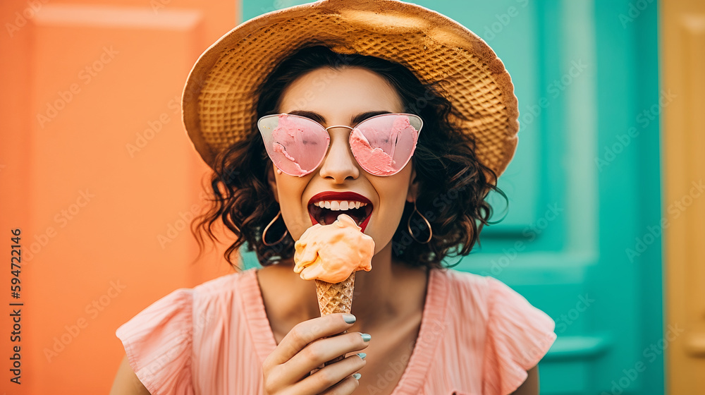 Funny image of a carefree girl eating ice cream. Image Generative AI.