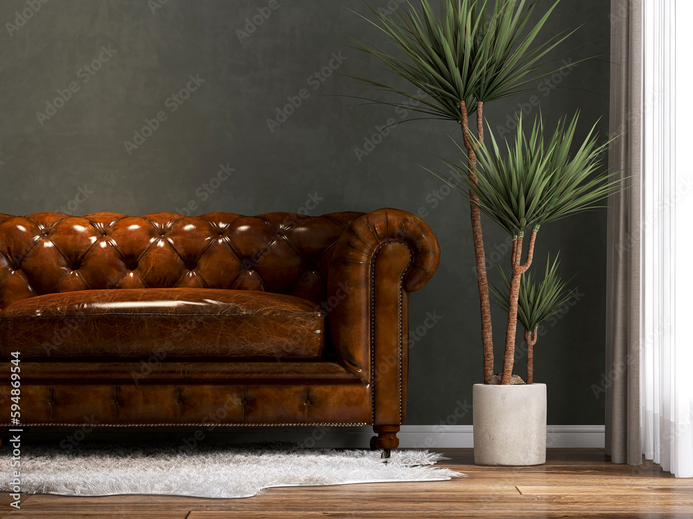 Brown vintage Kensington leather sofa in luxury living room, dark green wall, tropical dracaena plan