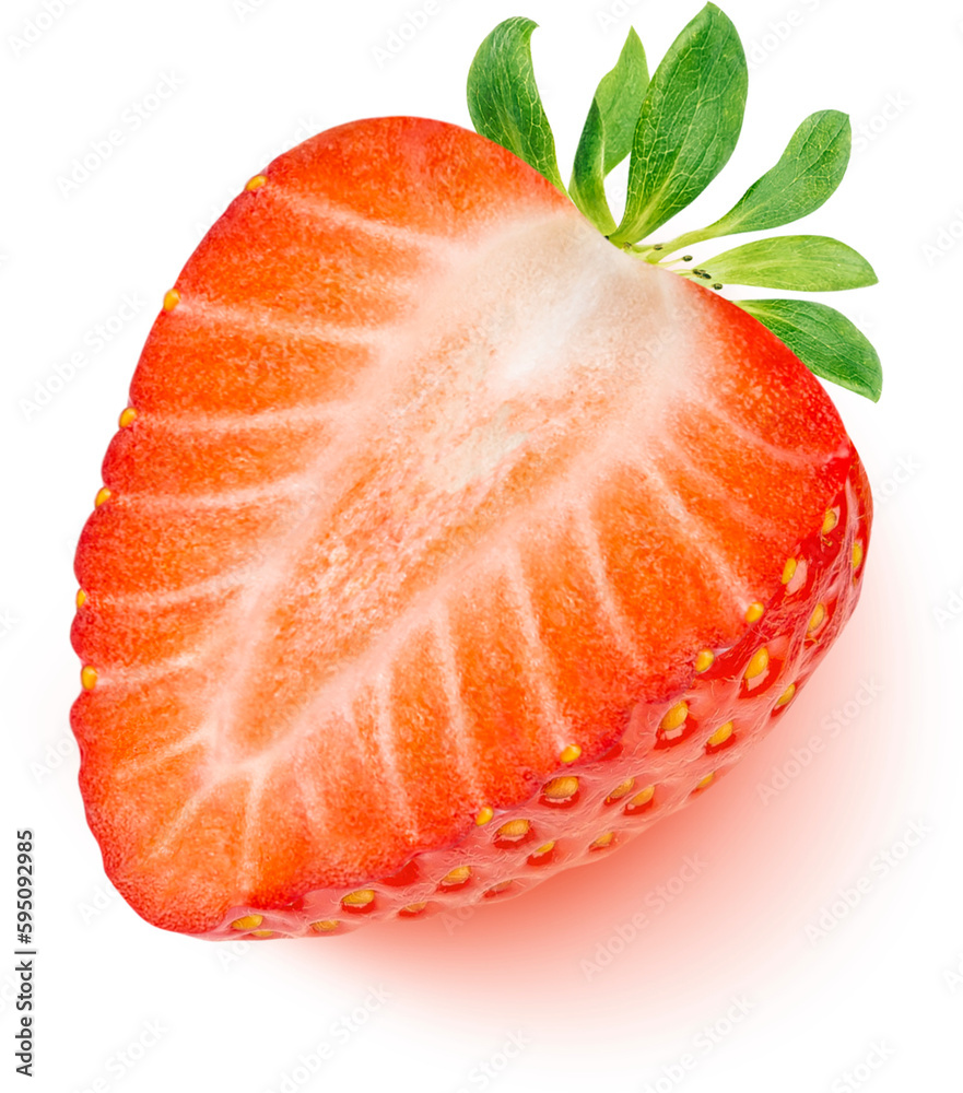 One strawberry slice isolated on white background, top view, flat lay