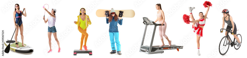 Set of different sporty women on white background
