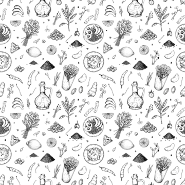 食品无缝图案。草图风格的矢量插图。餐厅菜单和装饰的复古背景