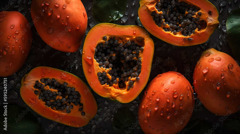 Fresh ripe papayas with water drops background. Fruits backdrop. Generative AI