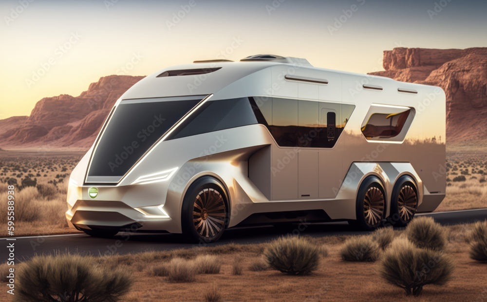 Luxury futuristic rv van. Living on the road concept, electric car for sustainable development