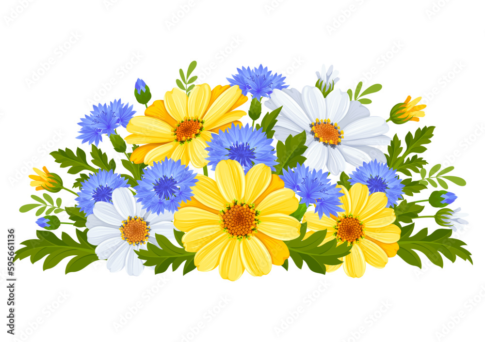 Gentle bouquet of wildflowers. Yellow and white daisy, blue cornflower, leaves and buds. Vector illu