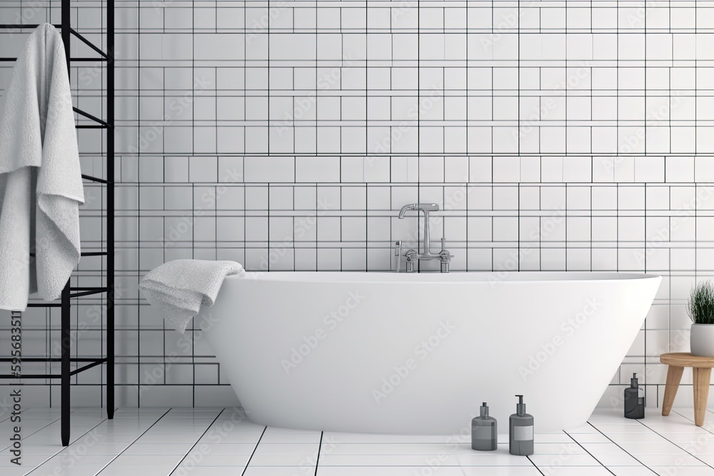 minimalist bathroom with a white bathtub and wooden stool. Generative AI