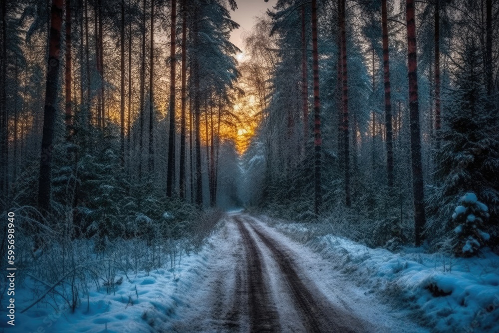 winter forest landscape with a dirt road running through it. Generative AI