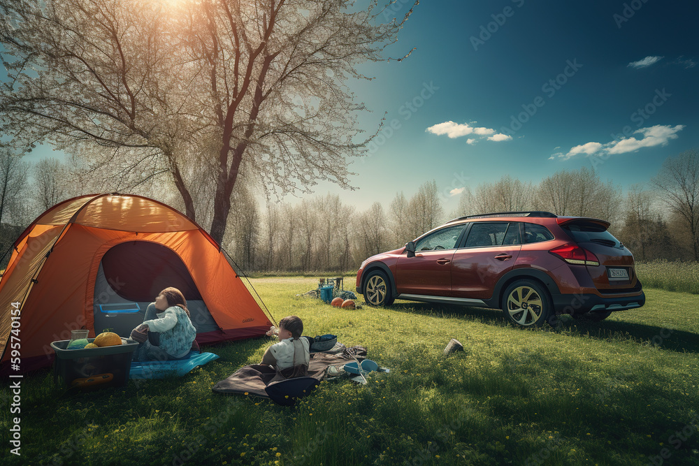 Adventure, tents and cars in the park forest. Outdoor landscape in the morning