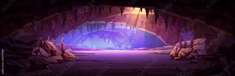 Cartoon cave interior illuminated with sunlight from ceiling. Vector illustration of rocky landscape