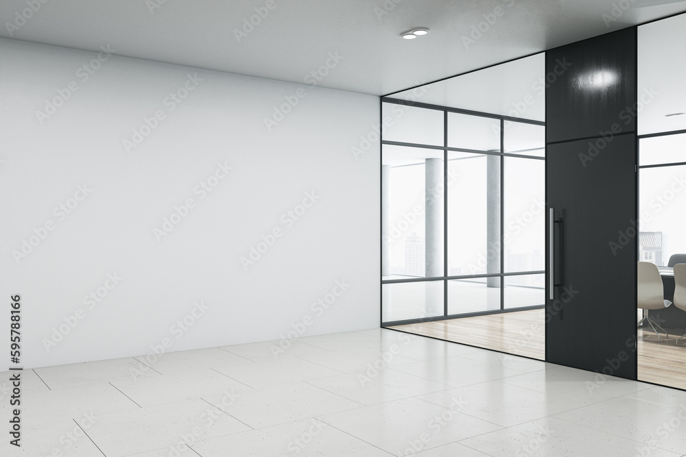Modern glass office interior with blank mock up place on concrete wall, window and city view. 3D Ren