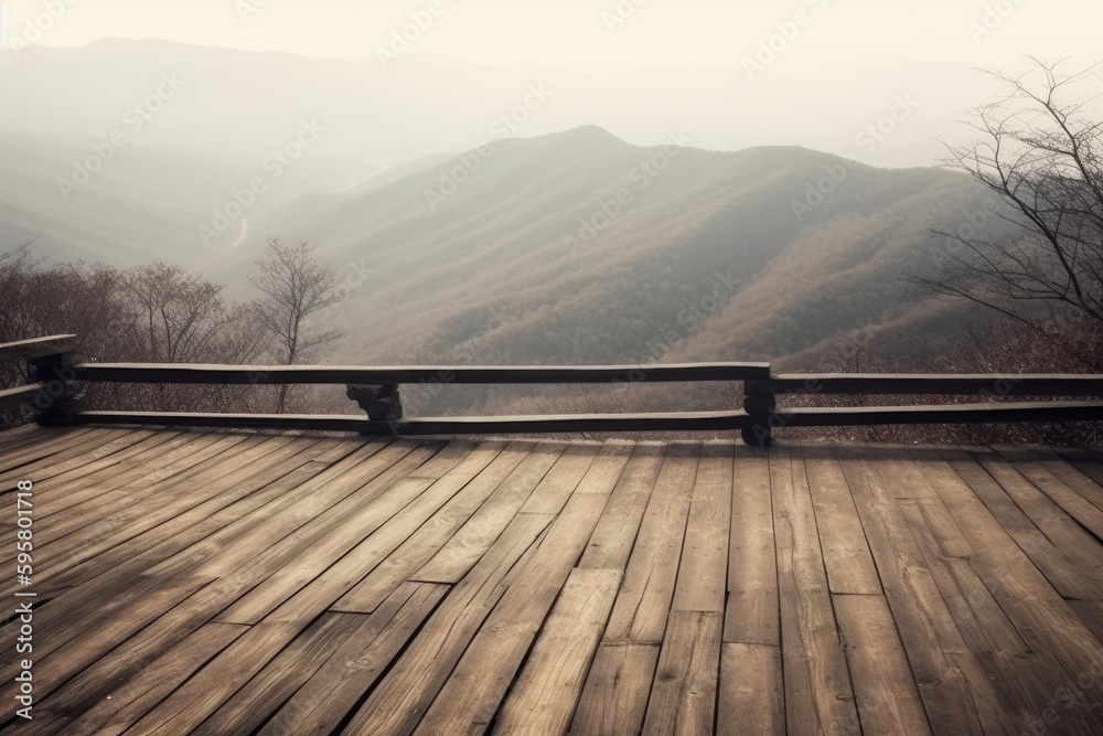 scenic wooden deck overlooking a majestic mountain range. Generative AI