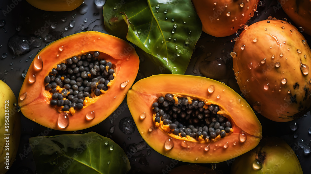 Fresh ripe papayas with water drops background. Fruits backdrop. Generative AI