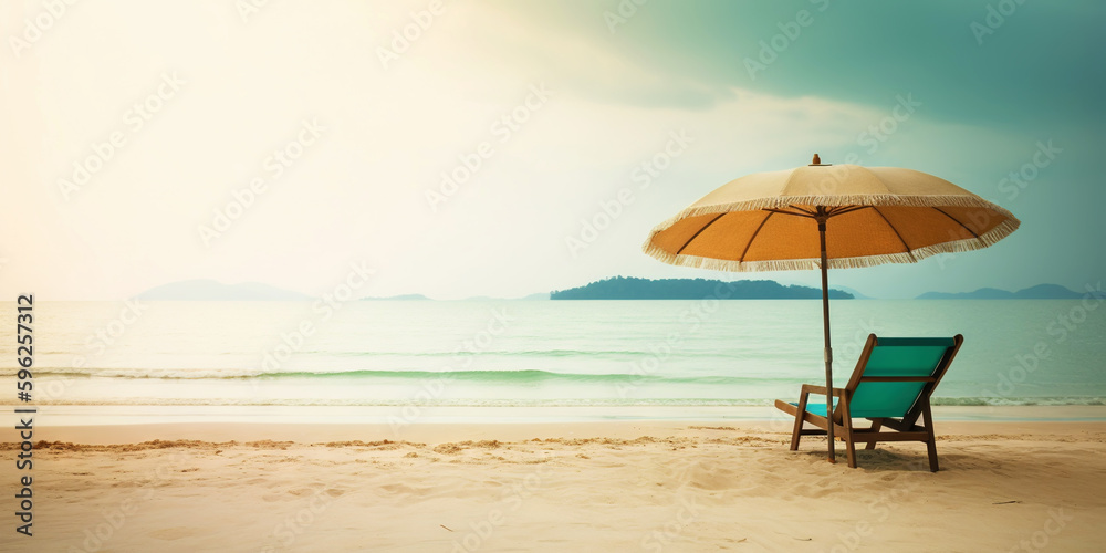 Beach chair and umbrella on beautiful beach. Travel paradise concept. Generative AI