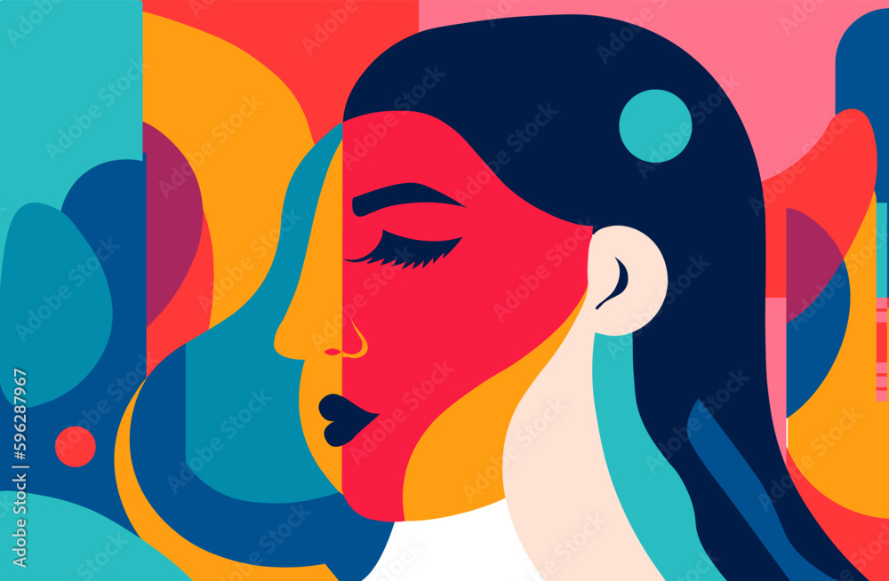 Abstract woman face collage in modern vector art design. Feminine abstraction poster in colorful pal