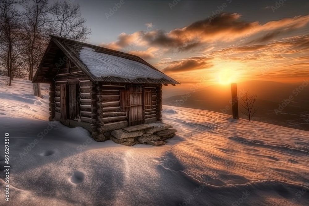 cozy log cabin surrounded by a winter wonderland. Generative AI