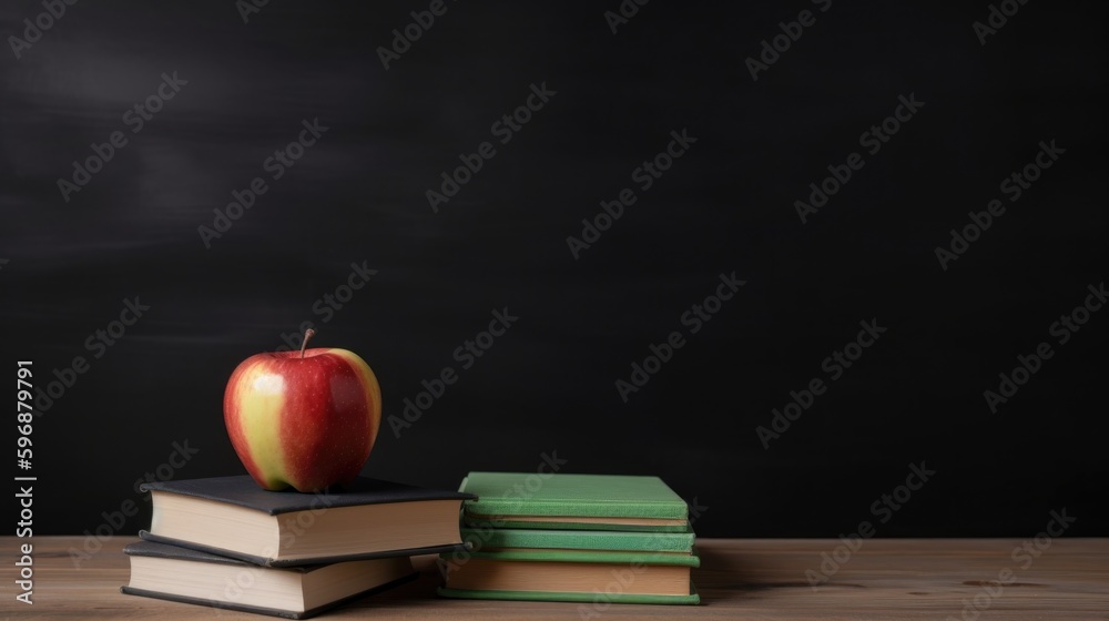 Back to school background with books and apple. Illustration AI Generative