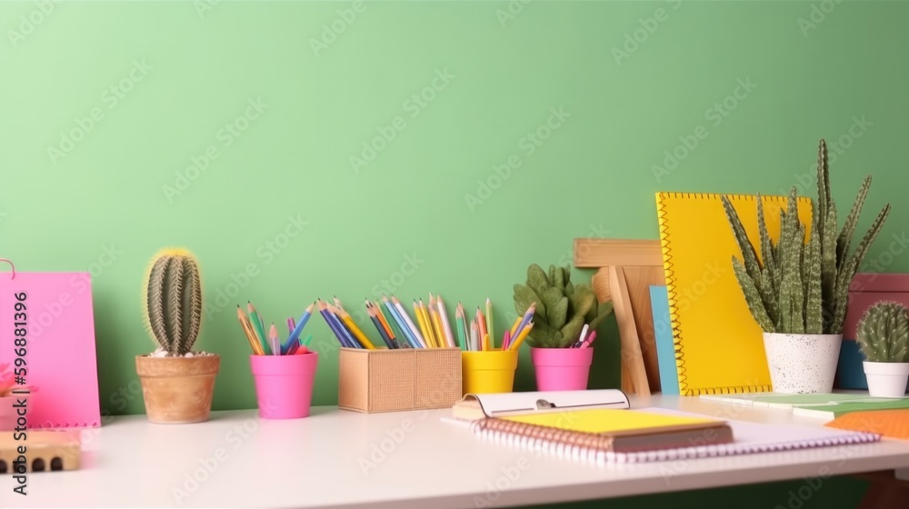 Kids desk creative workspace with school supplies, cactus Illustration AI Generative