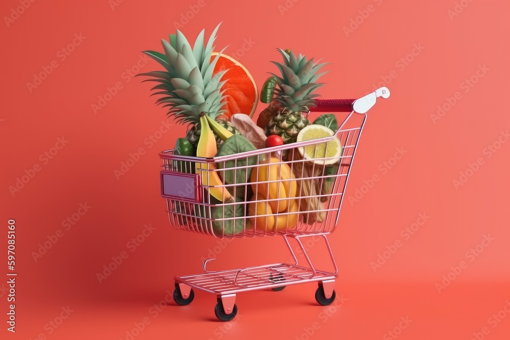shopping cart filled with a colorful assortment of fresh fruits on a white background. Generative AI