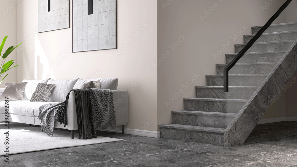 Luxury, modern gray marble stone stair, staircase tempered glass panel, black steel handrail in beig