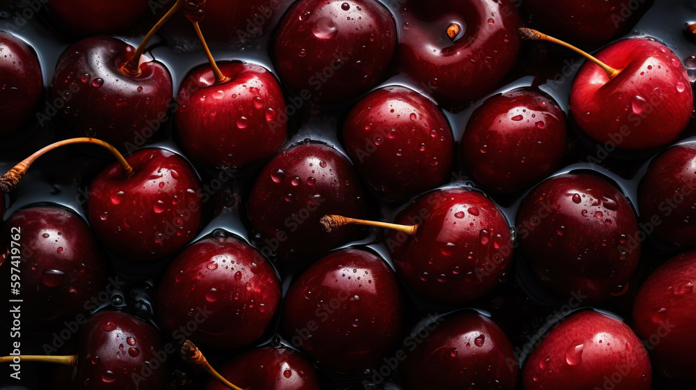 Fresh ripe cherries with water drops background. Berries backdrop. Generative AI