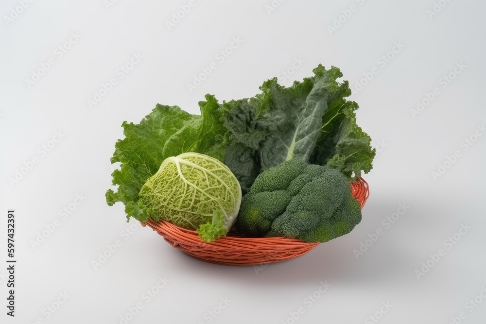 basket filled with fresh green vegetables on a white table. Generative AI