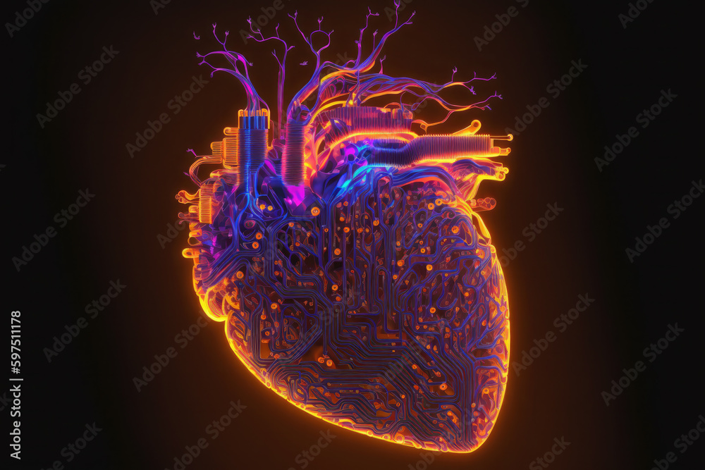 Cyberpunk high-tech neon glowing heart natural shape. Generative AI illustration.