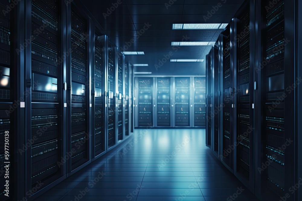Data Center Hallway with Rows of Servers. Generative AI