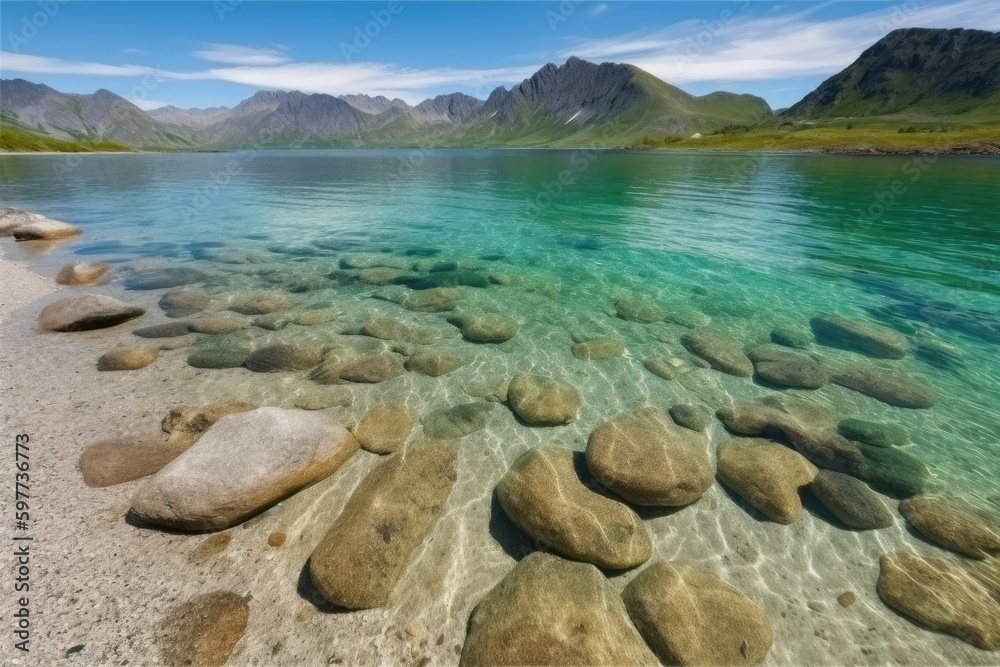serene lake surrounded by majestic mountains and scattered rocks in the water. Generative AI