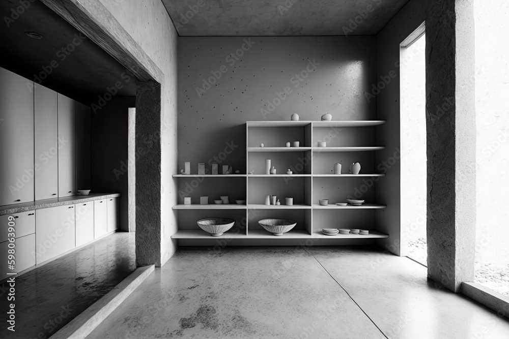 monochrome room with shelves and objects. Generative AI Generative AI