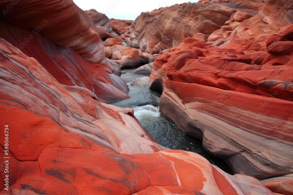 winding river flowing through a vibrant red rock canyon. Generative AI Generative AI