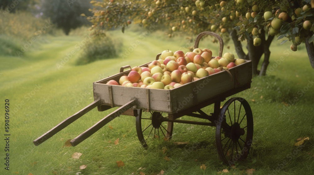 A handcart full af apples in garden. Illustration AI Generative.