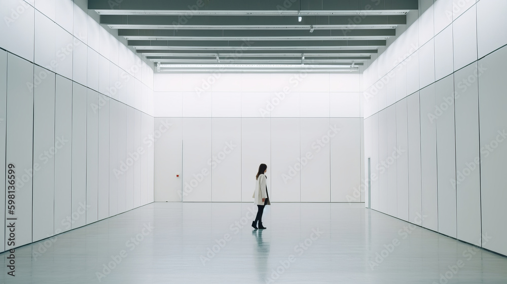 Businesswoman walking in empty exhibition hall. Illustration AI Generative.
