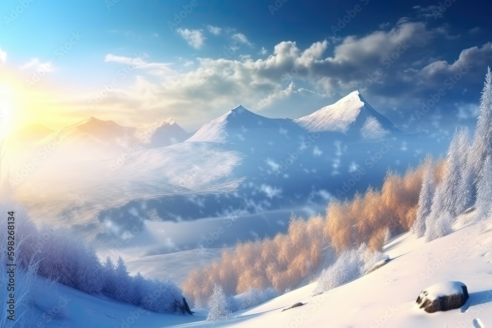 winter landscape with snow-covered mountains in the distance. Generative AI Generative AI
