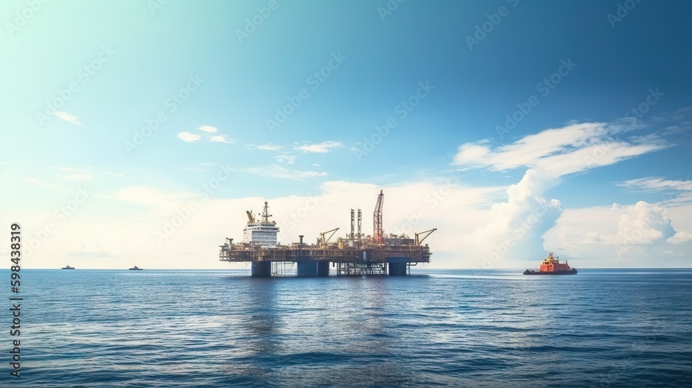 Oil rig in the sea on a sunny day with blue sky. Offshore oil drilling. Generative AI