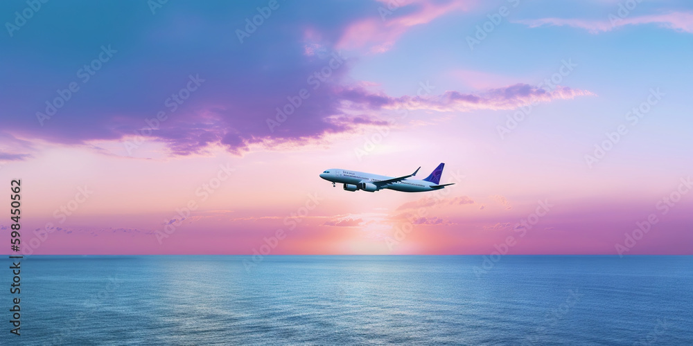 Passengers commercial airplane flying above sea surface on colorful paradise sunset. Airliner in fli