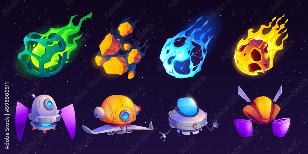 Vector galaxy falling asteroid and alien spaceship cartoon set on space background with star and pla