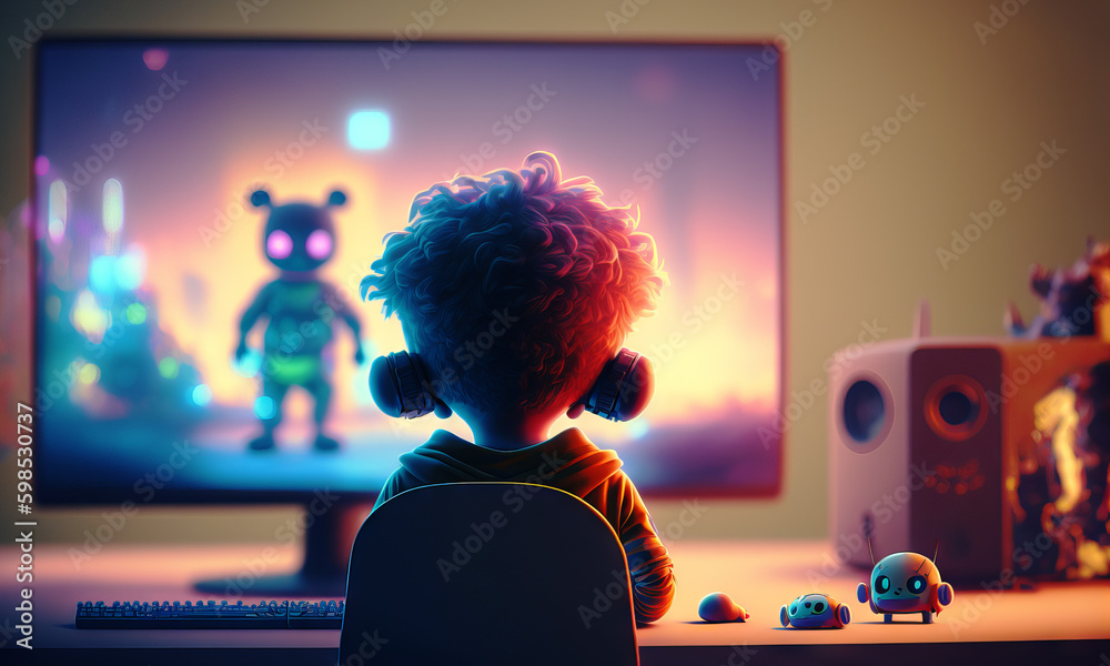 Kid playing video games in his room. Back view of a child sitting in front of a monitor. Colorful li