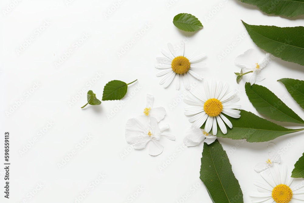 white flowers and green leaves on a plain white background. Generative AI Generative AI