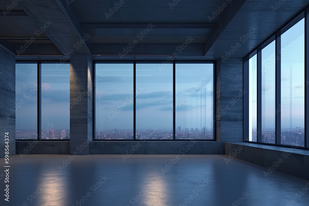 an empty room with panoramic city views through large windows. Generative AI Generative AI