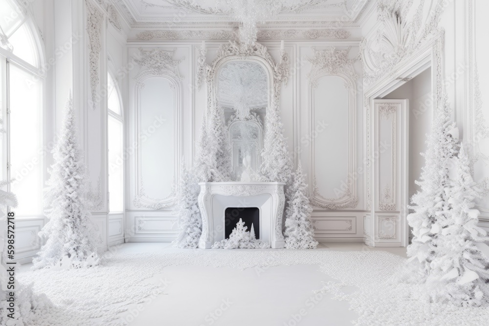cozy white room with a fireplace and a view of a dense forest. Generative AI Generative AI