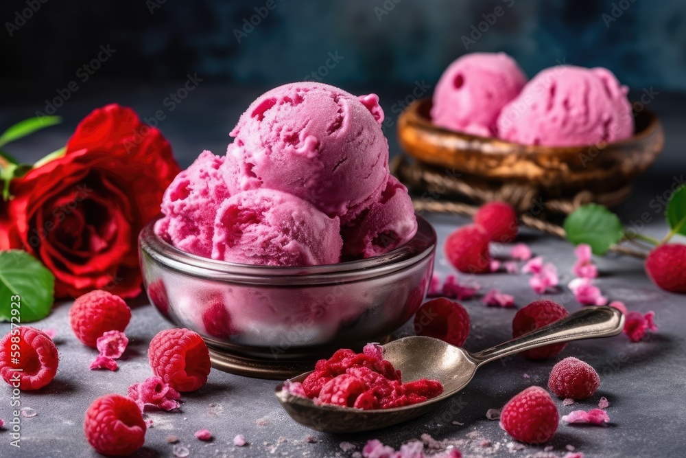 bowl of ice cream topped with fresh raspberries and delicate rose petals. Generative AI Generative A
