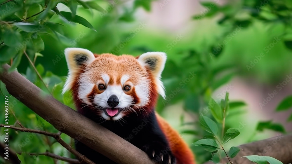 A cute red panda peering out from behind a tree trunk. generative ai.