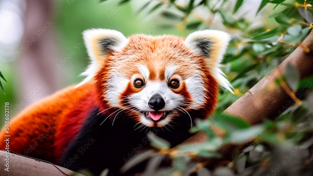 A cute red panda peering out from behind a tree trunk. generative ai.