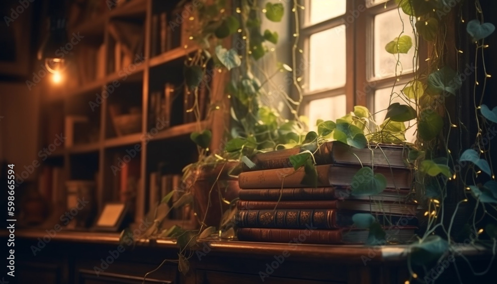 Antique book collection on rustic wooden shelf generated by AI