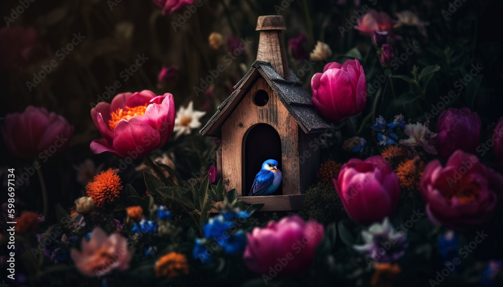 Small animal nest, cute birdhouse, pink blossom generated by AI