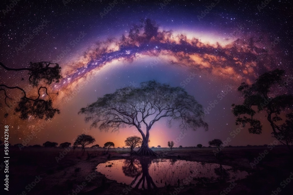 lone tree standing under a starry night sky in a vast field. Generative AI Generative AI