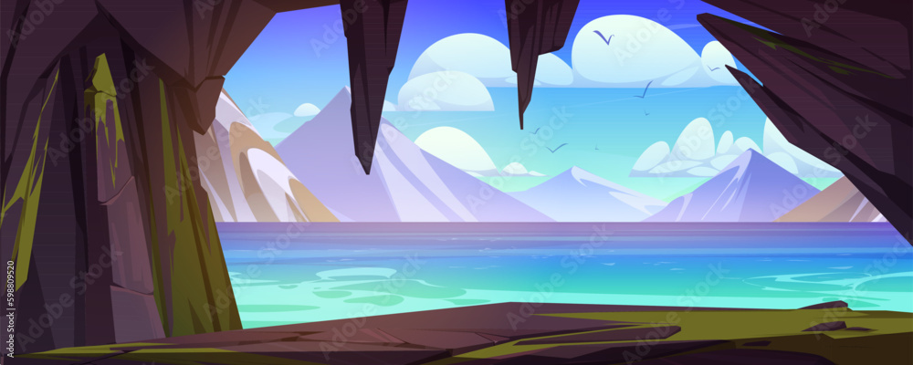 View from mountain cave at blue lake surface. Vector cartoon illustration of beautiful rocky range, 